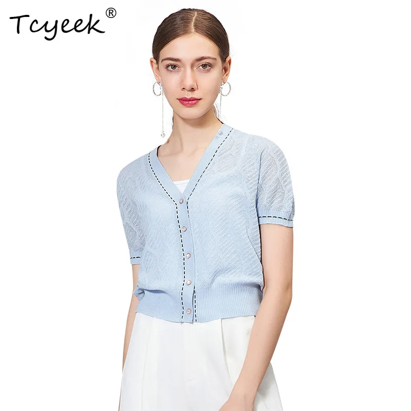 

Tcyeek, 25% Wool Elegant Cardigans, Women V Neck Short Sleeve, Casual Fashion OL Sweater Coat, 2024 Autumn Winter T48806QC
