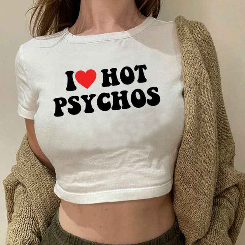 I Love My Hot Sexy Emo Boyfriend Y2k Crop Tops Short Sleeve T Shirt for Women Grunge Printed Baby Tee Slim Streetwear Teen Girl