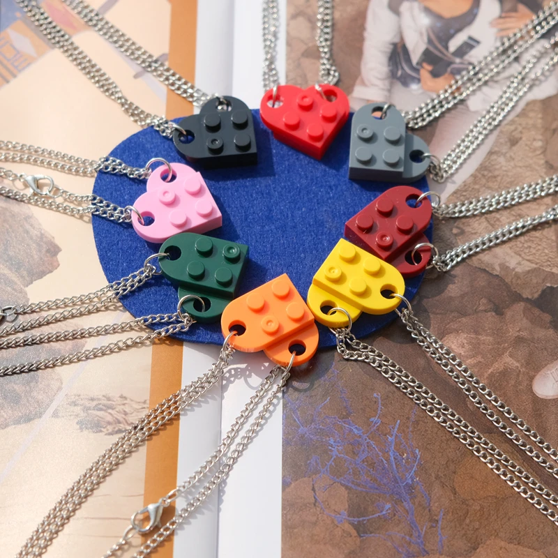 2pcs/set Heart-shaped Building Blocks Necklaces Creative Simple Lovers Best Friends Pendant Necklace Toy Bricks Jewelry for Girl