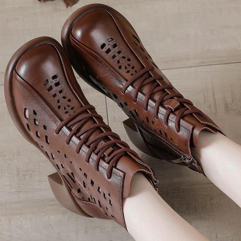 DRKANOL Retro Handmade Women Boots Breathable Hollow Out Thick Heel Ankle Boots For Women Genuine Leather Summer Casual Shoes