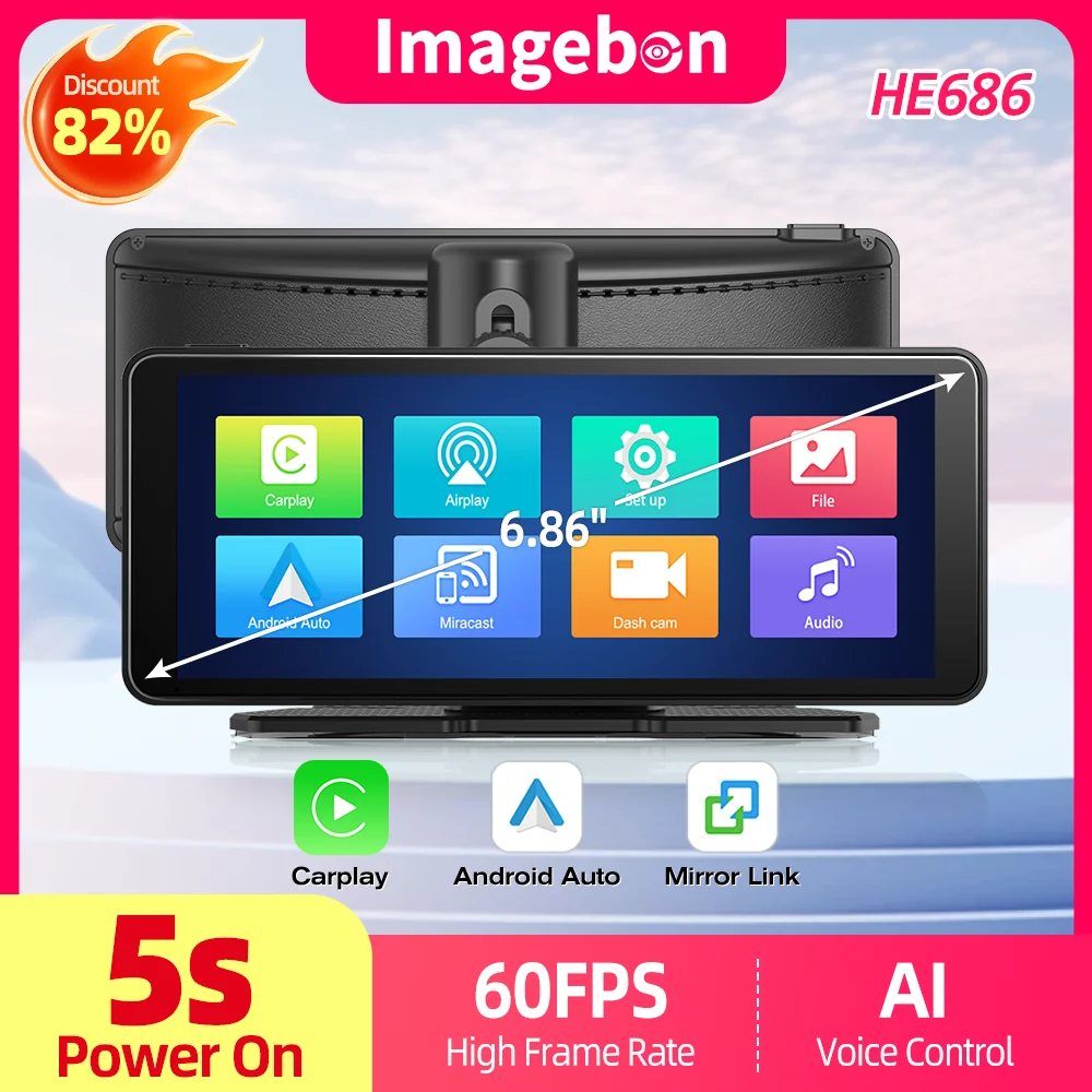 

Imagebon HE686 5s Power On Dash Cam 1280*480 с гладким экраном, беспроводной Carplay Android Auto AI, голосовое управление, камера заднего вида DVR