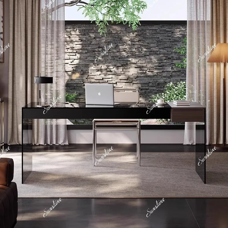 

Modern minimalist desk grey tempered glass rectangular table with drawers