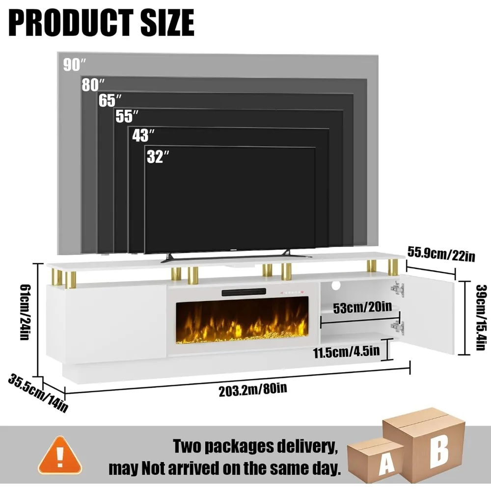 حامل تلفزيون معاصر 80 مع 36 مدفأة كهربائية مدمجة، مركز ترفيه بإضاءة LED عالية الجودة لأجهزة التلفاز حتى 90