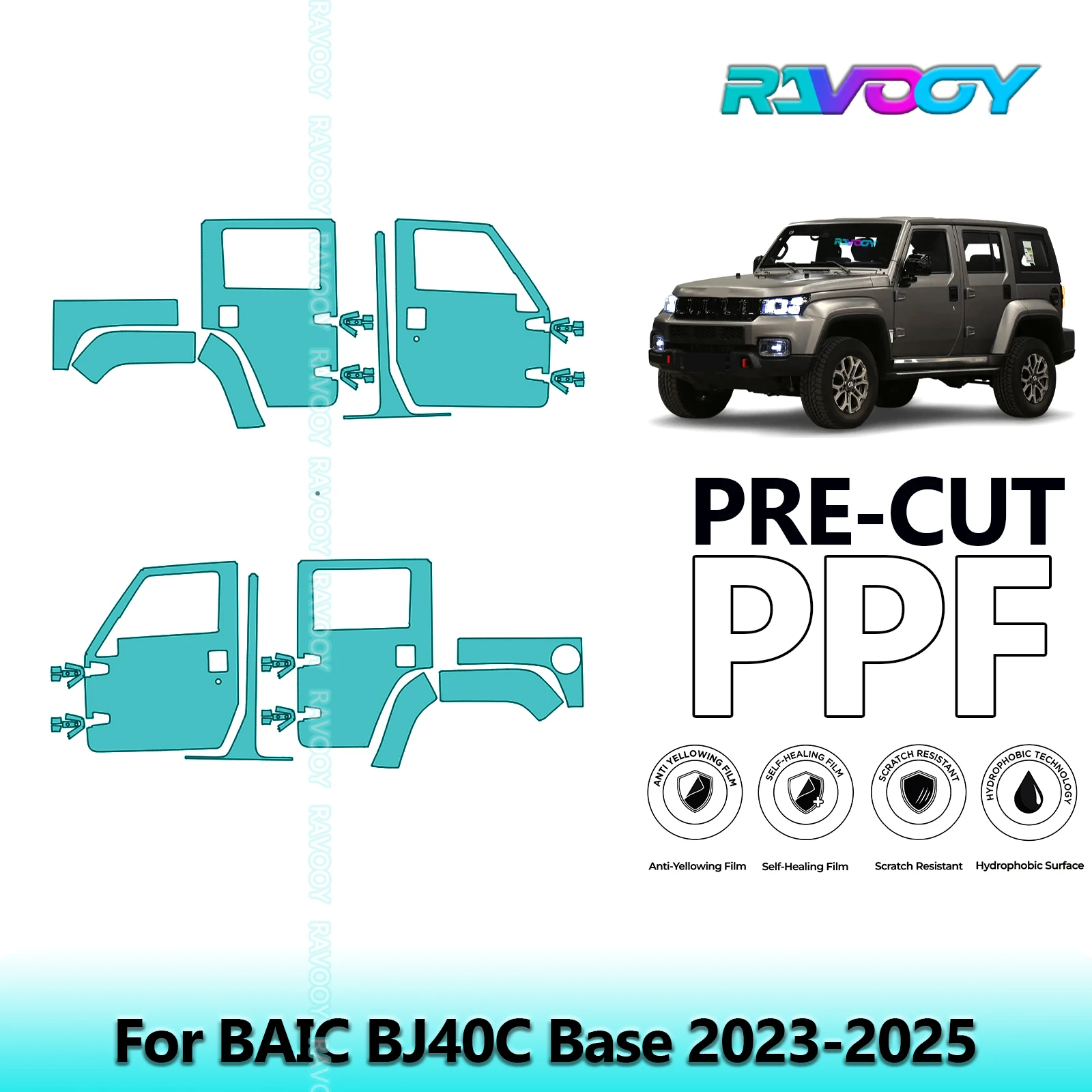 

For BAIC BJ40C Base 2023-2025 8.5mil Clear Matte Pre-Cut PPF Door & A/B Pillar Kit TPU Paint Protection Film Set