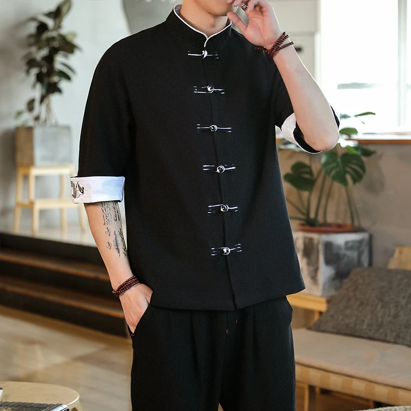 Embroidery Crane Shirts Men Traditional Chinese Clothing Vintage Half Sleeve Linen Cotton Shirts Madarin Collar Hanfu Kungfu Top