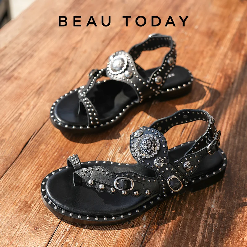 Women's Leather Gladiator Sandals with Floral Metal Detail