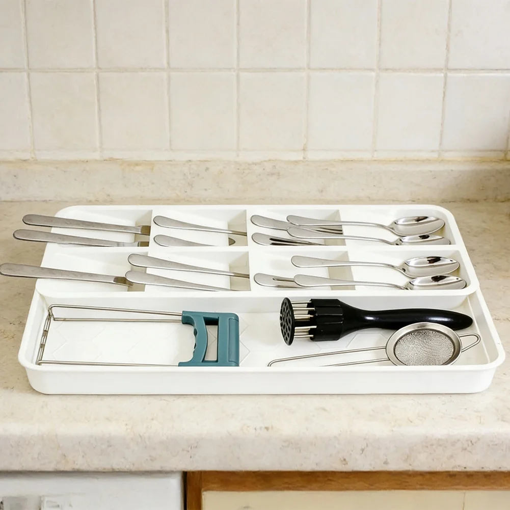 Pull Out Storage Box for Kitchen Cutlery and For Utensils Adjustable Width from 18.5cm to 29cm Easy to Clean Design Gray