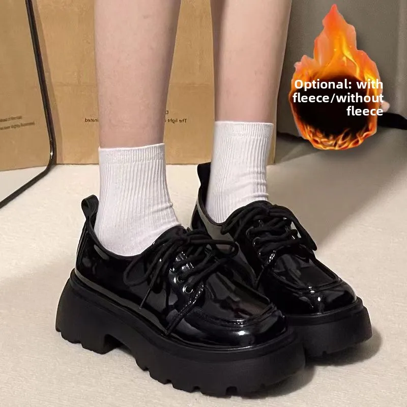 

Retro British Style Women's Mini Leather Shoes Spring Autumn Thick Bottom Platform Slip-On Pumps Pure Color round Toe Loafers