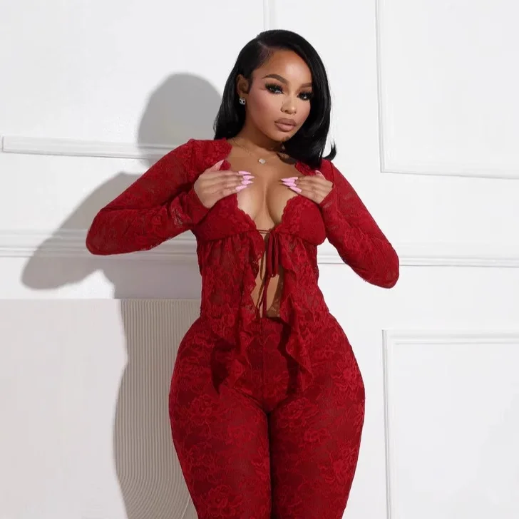 Women's Red Lace Texture Deep V Tie Top & Flared Pants Two-Piece Set Sexy Elegant Party Outfit Fashion Slim Fit Evening