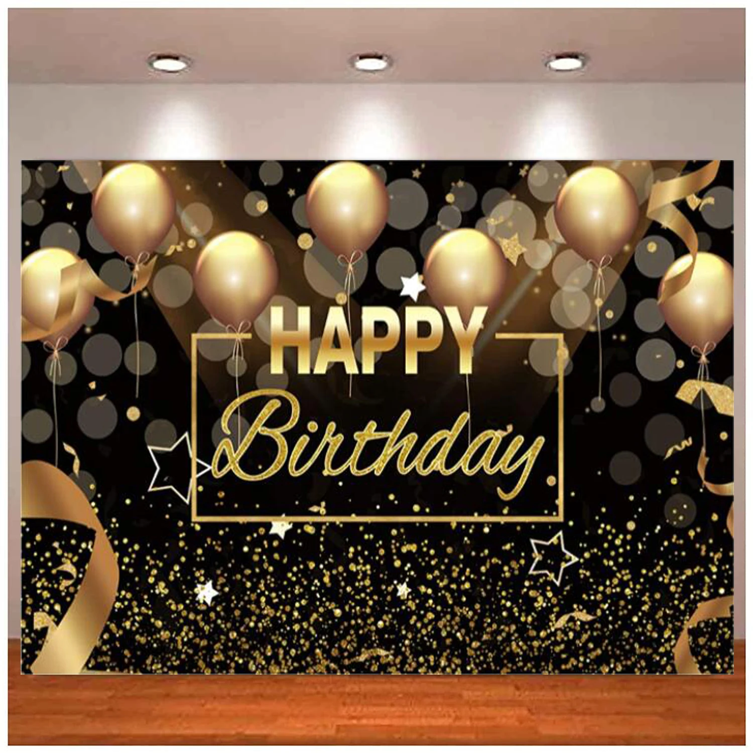 Alles Gute zum Geburtstag Party Fotografie Hintergrund für Männer Frauen Schwarz gold Luftballons Glitzer Bokeh Flecken Hintergrund Kuchen Tisch dekoration