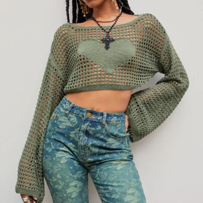 2024 New Women Y2k Knitted Shrugs Crop Tops Crochet Hollow Out Cutout Long Sleeve Bolero Sweater Smock Top Beach Cover Up Tee