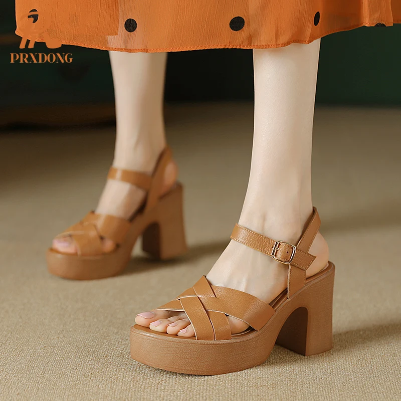 PRXDONG Genuine Leather Shoes Woman Sandals Chunky High Heels Platform Summer Shoes Brown Beige Dress Party Casual Lady 334-39