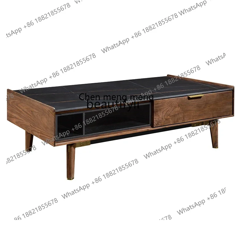 

D178 Y zq Italian Style Light Luxury Stone Plate Coffee Table Nordic Black Walnut Wooden Tea Table TV Cabinet Living Room Furni