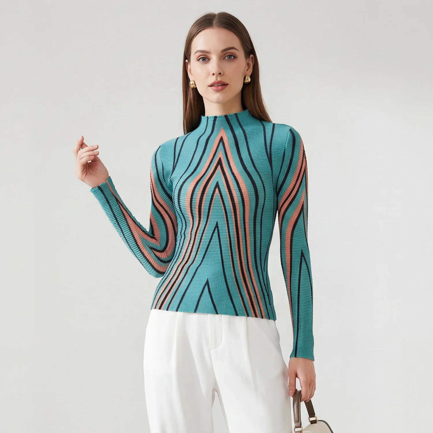 

Miyake Plissé 2026 New Manches Longues Plissé Femmes Printemps Et Été Chemise Bas Mince Personnalisé Mode Imprimé T-shirt Pleat