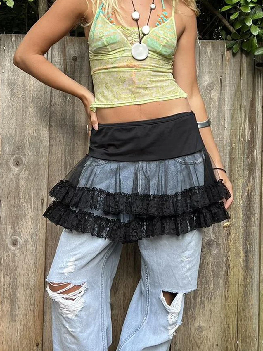 Womens Lace Mesh Mini Skirt Low Rise See Through Layered Ruffle Skirt Casual Streetwear