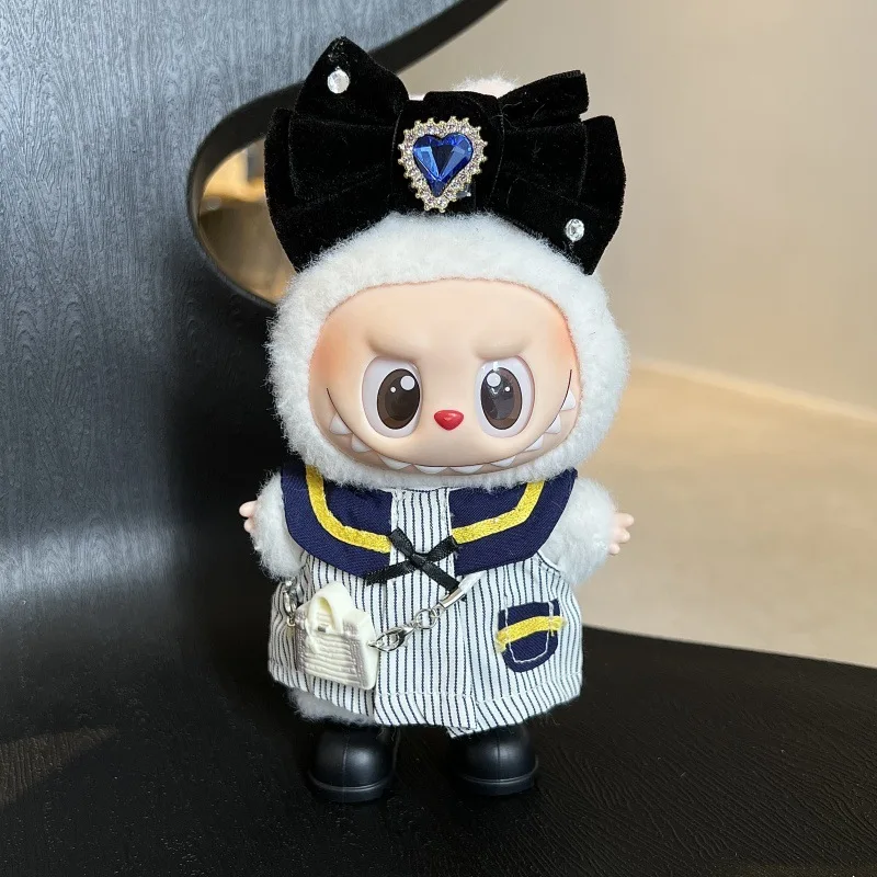 

17cm Labubu 1-3 Gen Doll Outfits | Black Bow Hairpin & Blue Uniform Dress | Clothes for Labubu Plush Pendants Accessories