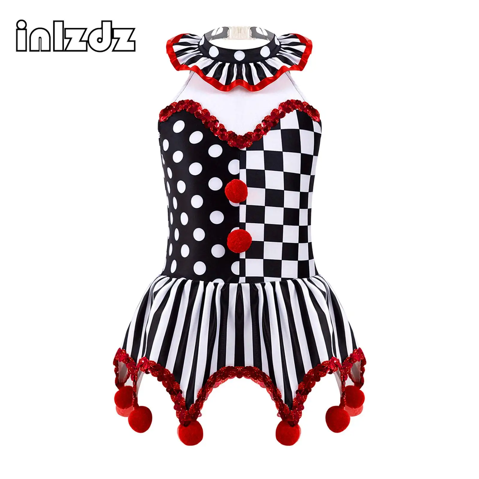 Kids Girls Checkered Printed Circus Clown Leotard Dress Halloween Joker Cosplay Pompoms Adorned Tutu Clothes Fancy Dress Up