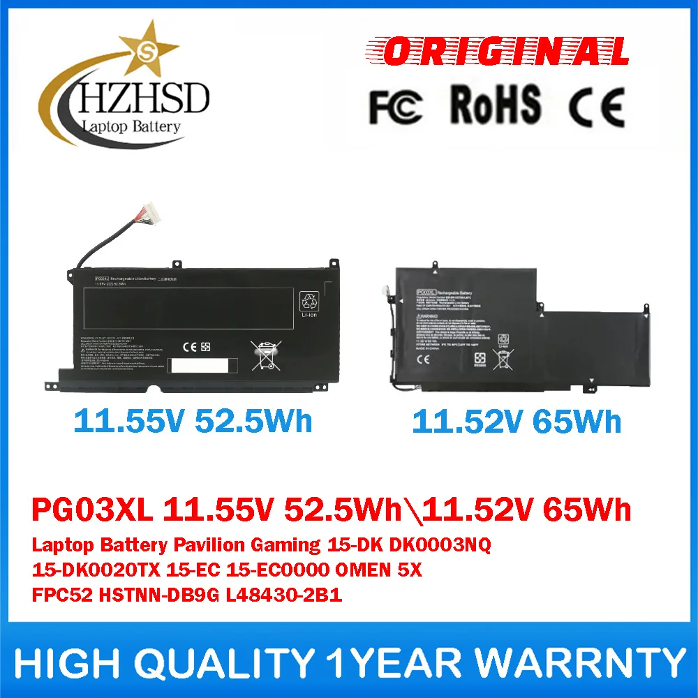PG03XL 11.55V 52.5Wh\11.52V 65Wh Genuine Original Laptop Battery For HP Pavilion Gaming 15-DK DK0003NQ 15-DK0020TX 15-EC0000