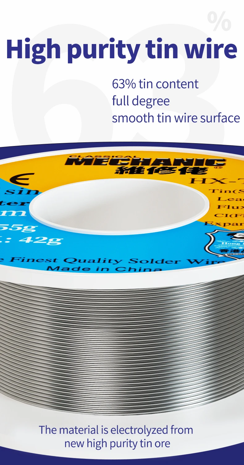 MECHANIC OFFICIAL HX-T100 55G High Purit Low Melting Point Fine Solder Wire Rosin Core 0.2mm-1.2mm For Mobile Phone Repair