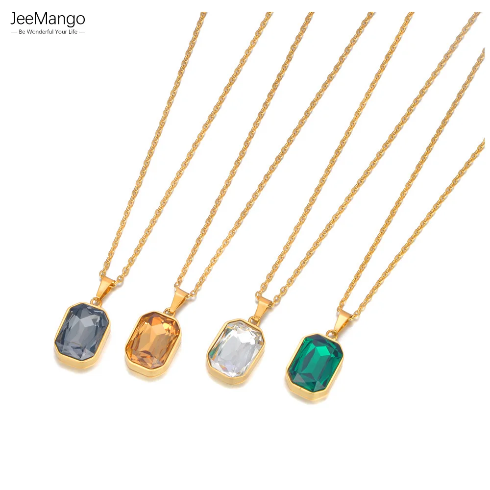 JeeMango 316L Edelstahl Geometrische Quadrat Zirkonia Kristall Anhänger Halskette Schmuck Für Frauen Kostenloser Versand JN23076