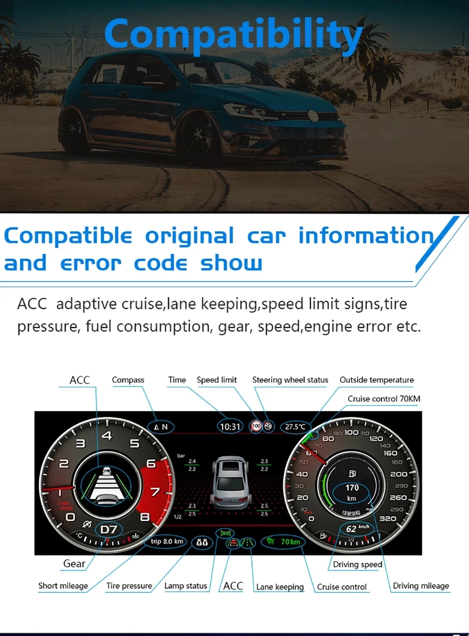 Car Digital Cluster Virtual Cockpit For Volkswagen VW Golf 7 2013+Dashboard HeadUnit Entertainment Instrument Speed Meter Screen
