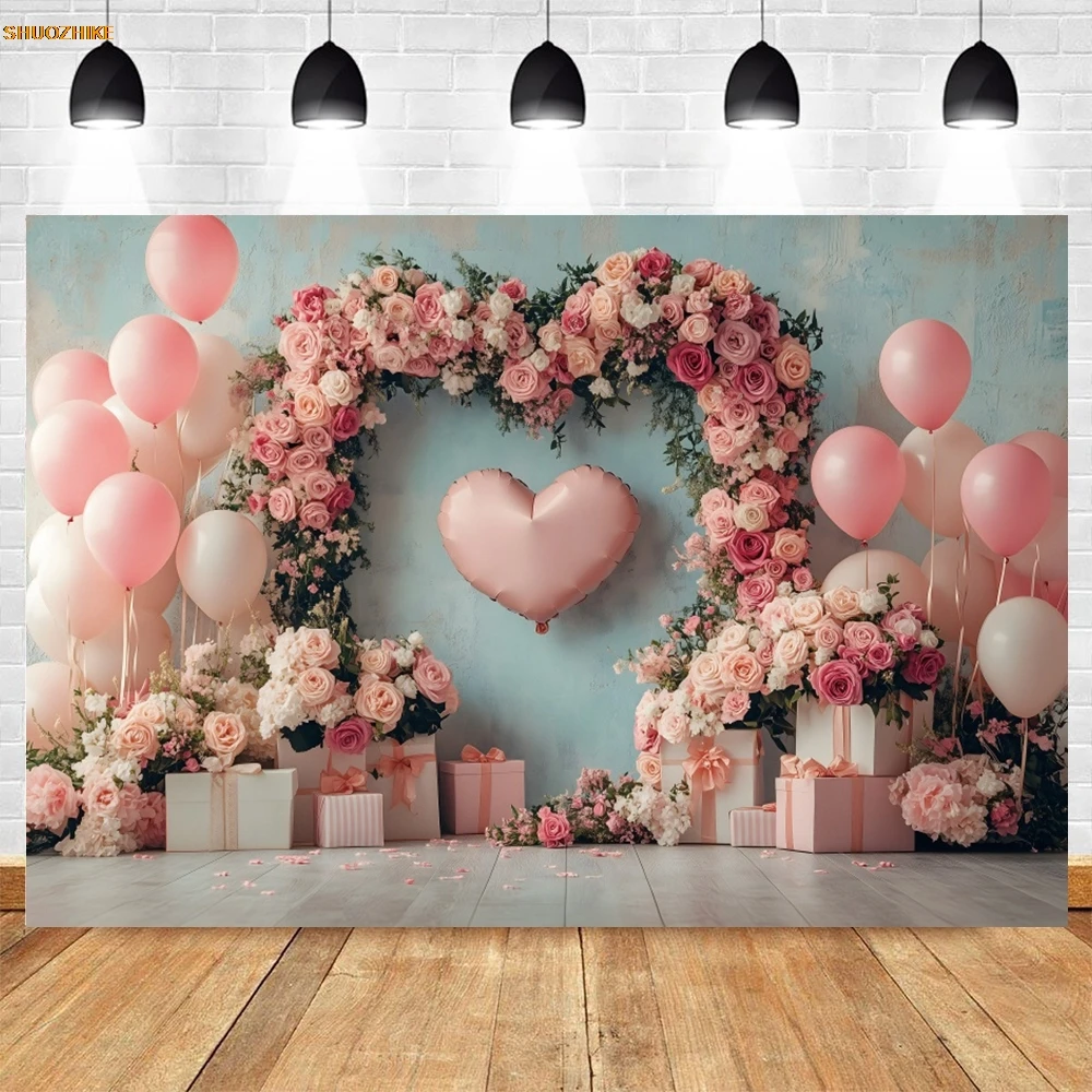 Valentines Day Arch Rose Love Heart Backdrop Pink Flowers Sweet Couple Portrait Family Party Wedding Photography Background