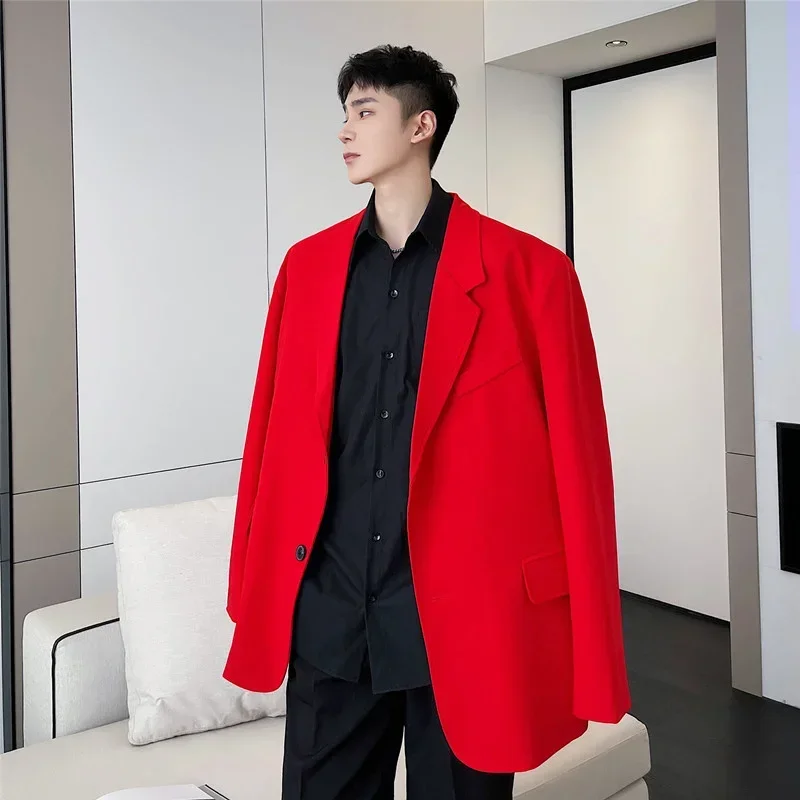 Red Blazer 2024 Suit Coat Fashion Korean Style Solid Color Single Breasted Trendy Turn-down Collar  Niche New WA630