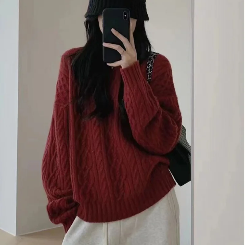 Korean Fashion O-Neck Sweater Women's 2024Autumn/Winter New Round Neck Pullover 100% Wool Cashmere Knit Sweater Loose Warm Tops