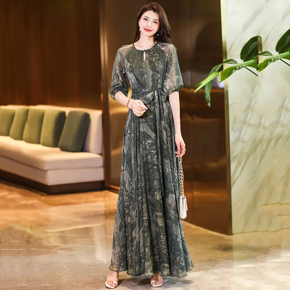 

New Women Summer Flowing Chiffon Dress Fashion O-Neck Half Sleeve Slim Waist Long Dress Elegant Exquisite Print Dress