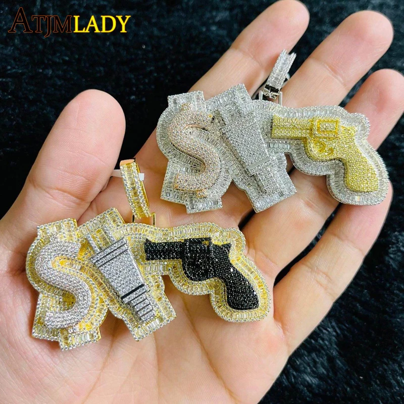 Money Power Respect Gun Plug Dollar Sign Pendant Necklace Bling 5A Cubic Zirconia Hip Hop Two Tone Color Iced Out Men Jewelry