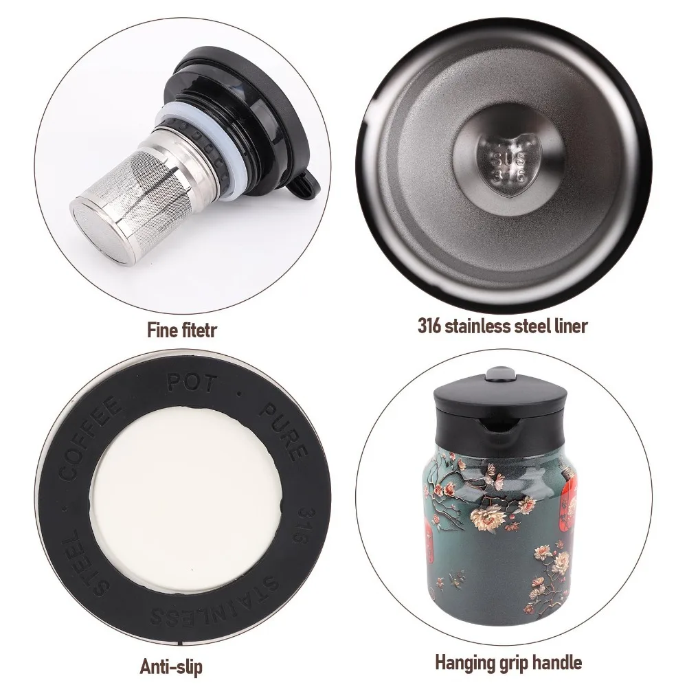 316 Stainless Steel Thermal Coffee Pot 1000ml Capacity One Hand Dispensing Stainless Steel Teapot Leakproof Design Closable Lid