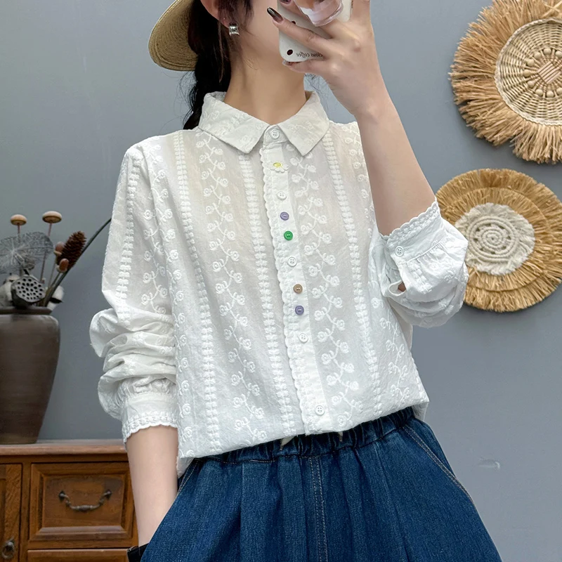 

Весенне-осенние женские рубашки с цветочным узором и вышивкой, на пуговицах, белые, повседневные, с длинными рукавами, блузки, топы U025