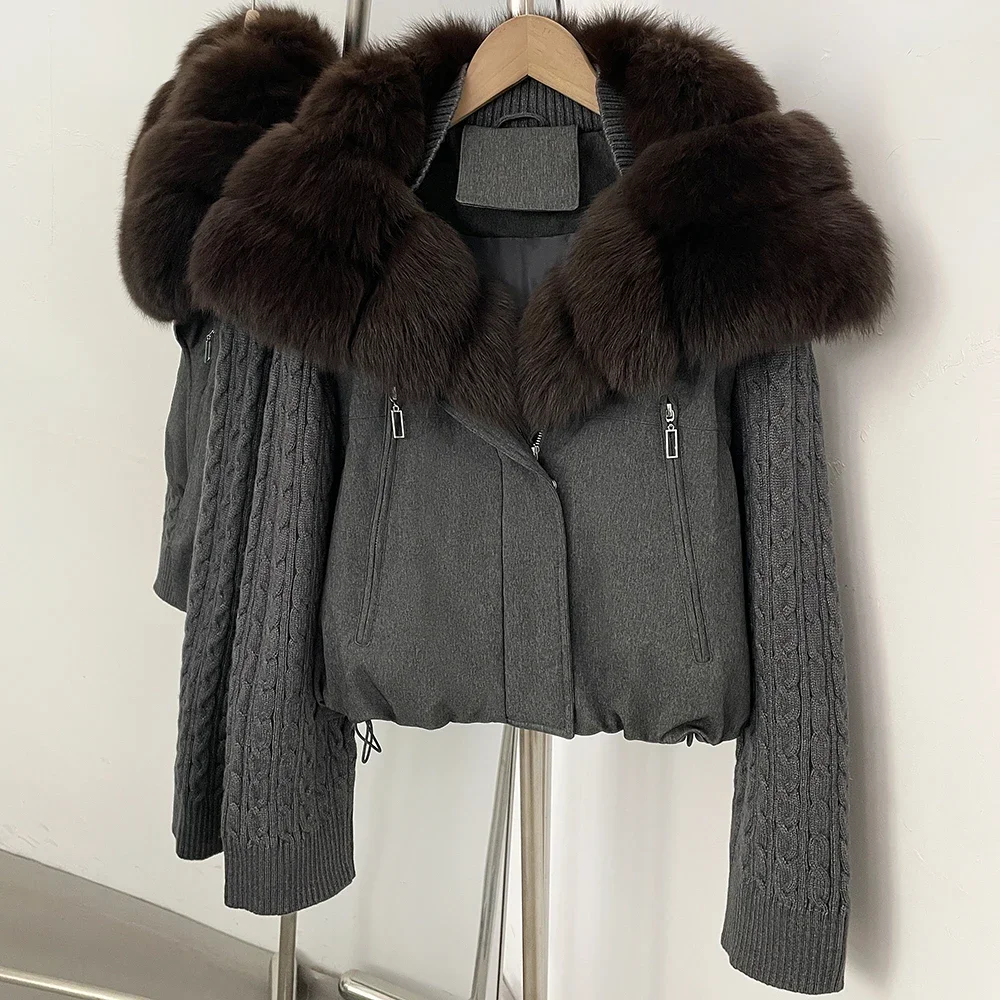 OFTBUY Cable Knit Sleeve Zipper Drawstring Hem Cropped Coat 90 White Duck Down Jacket Women Cozy Warm Winter Real Fox Fur Collar