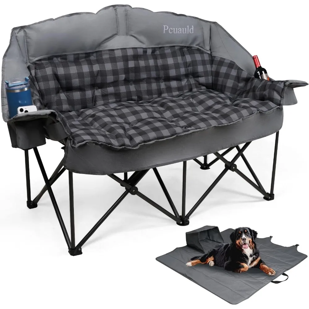 Padded Loveseat Camping Couch, Oversized 2-Person Foldable Chair with Carry Bag and Cup Holders for Outdoor Use