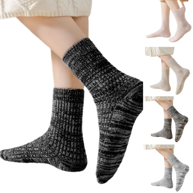 

Womens Warm Faux Wool Home Slipper Socks Vintage Winter Thick Thermal Ribbed Knit Middle Tube Socks for Winter