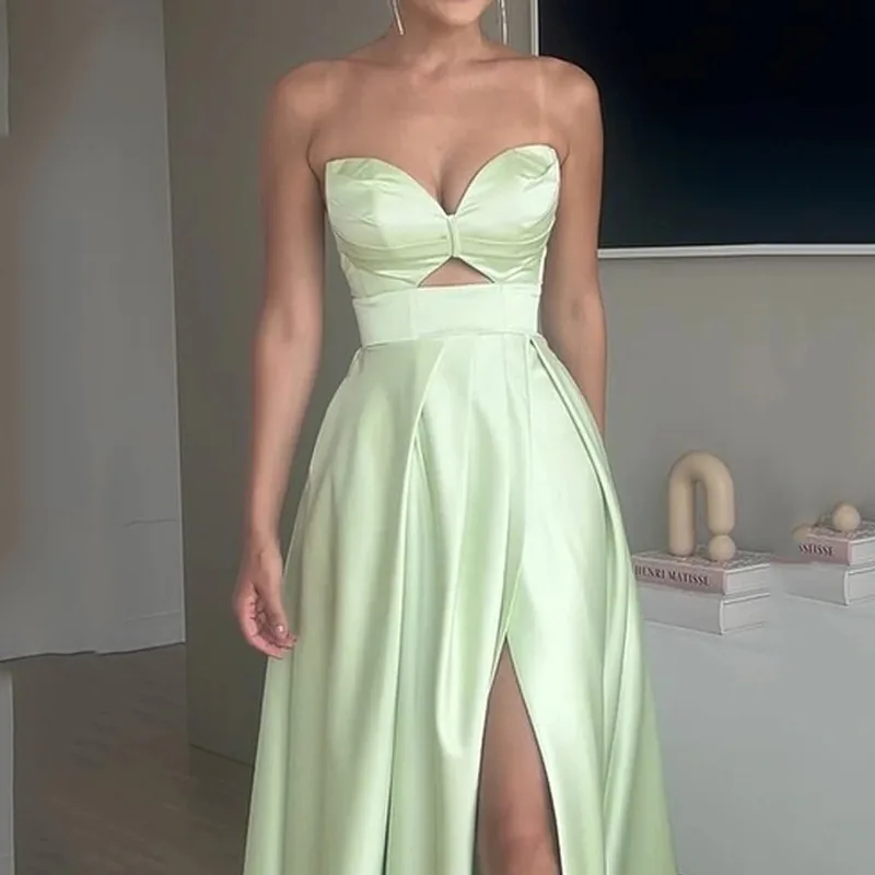 Vestido de noche de graduación moderno y sexy, sin tirantes, de satén, con abertura alta, tren de barrido, sin mangas, vestido de invitados de boda, personalizado gratis 2025