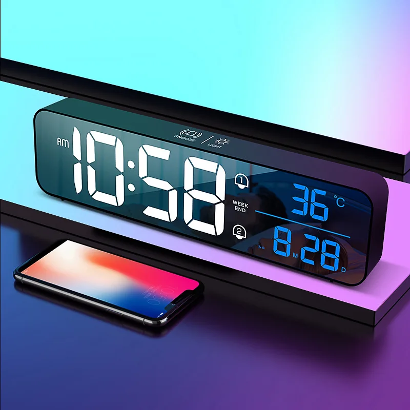 Music LED Digital Alarm Clock Temperature Date Display Desktop Mirror Clocks Home Table Decoration Voice Control Snooze time