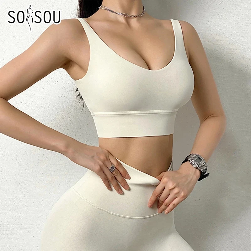 SOISOU-chándal de nailon para mujer, conjunto de Yoga, traje deportivo para gimnasio, sujetador de Fitness, Leggings, ropa de salón, Tops cortos