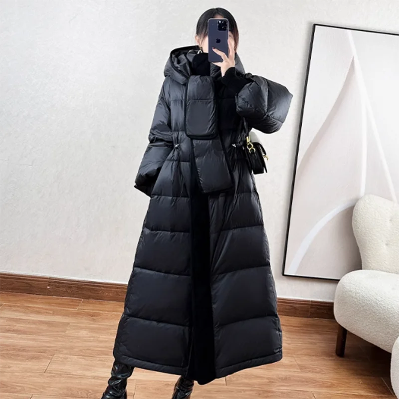 겨울 신상 우아한 스카프 칼라 다운 코트 여성 허리 벨트 디자인 감각 두꺼운 패션 따뜻한 울트라 롱 파카 재킷