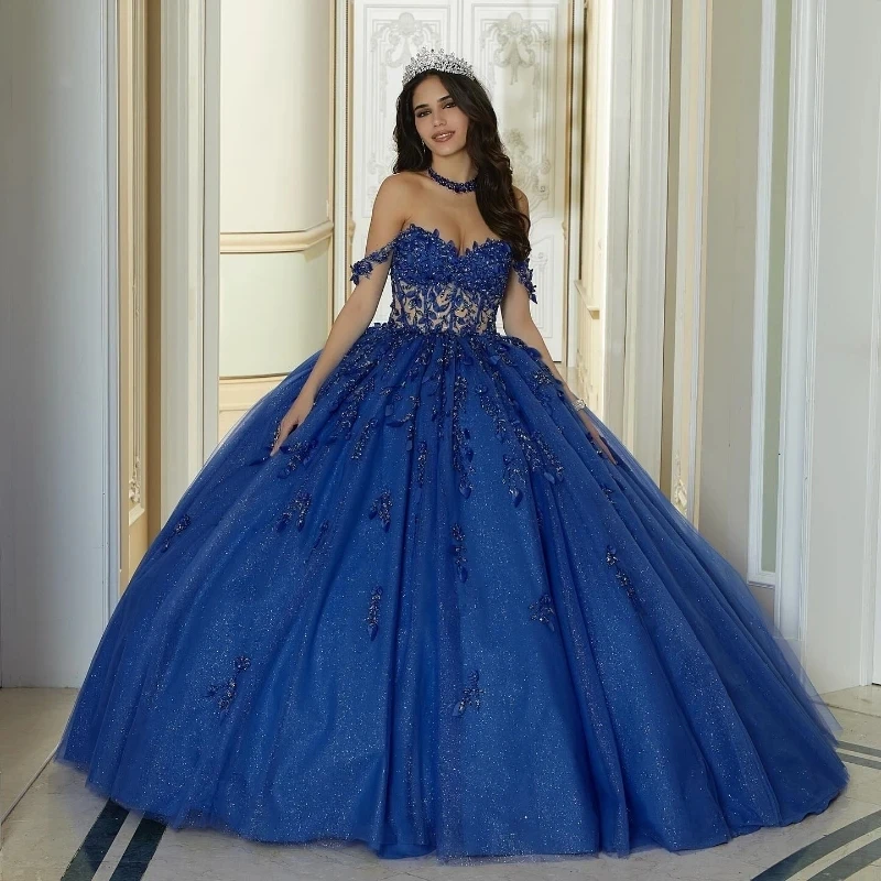 

Navy Blue Ball Gown Quinceanera Dress 2024 Applique Lace Beads Tulle Princess Sweet 16 Vestido 15 De XV Años Brithday Party Gown