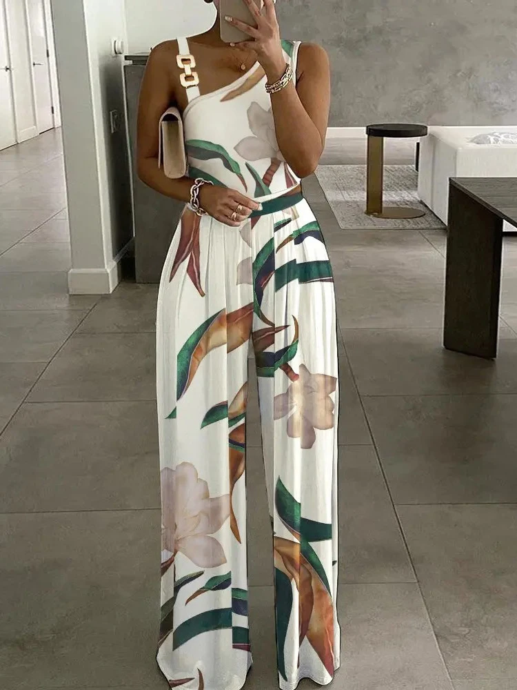 

Floral Print Jumpsuit Summer Y2k Women Straight Party Overalls Y2k Club Romper Elegant Off Shoulder Sleeveless Party Jumpsuits