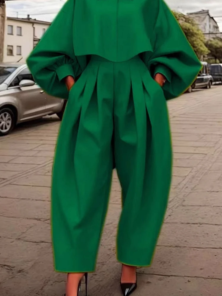 

Casual Long Sleeve Shirt with Trousers Set Lady Fashion Draped Solid Loose 2Pc Outfit Elegant Lapel Collar Button Commuting Suit
