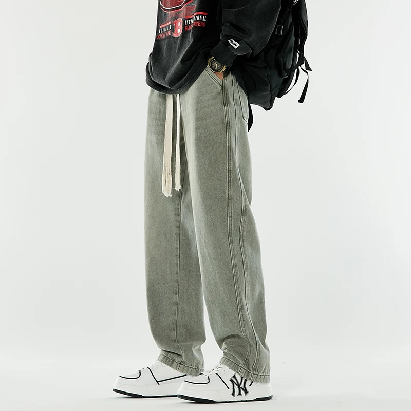 

Casual Loose Men's Jeans Elastic Waist Dstring Straight Leg Pants Spring Autumn High Street American Vintage Long Trousers
