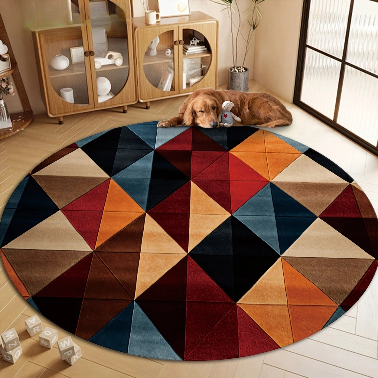 Retro Multicolor Stitching Triangle Circular Area Rug  Warm Tone Geometric Round Decor Mat for Bedroom Playroom Under Chair