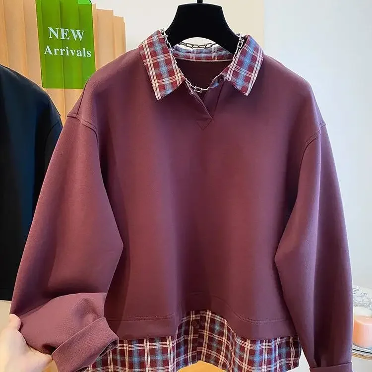 

Fake two hoodies for women in spring and autumn, thin, loose, shirt collar, long sleeved top, winter clothes women
