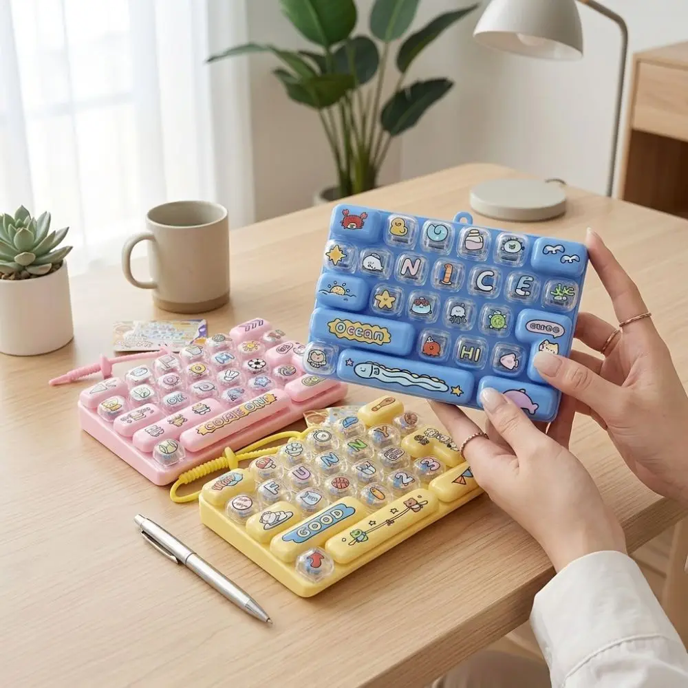 Cartoon 26 Key Keyboard Keychain Plastic Clickable Keys Fingertip Button Key Ring Animal Patterns Clear Key Sounds