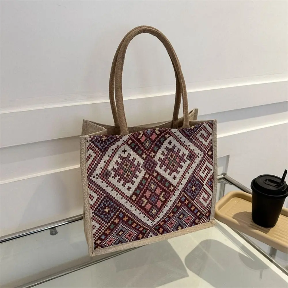 

Large Capacity Ethnic Style Handbag Canvas Shoulder Bags Geometric Cloth Bag Handbag Tote Bag Embroidery Shoulder Bag