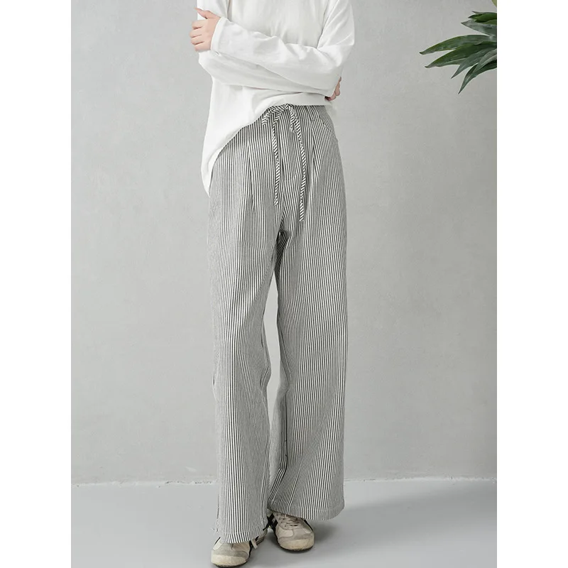 مخطط فاتح اللون واسعة الساق السراويل جديد الخريف والشتاء المرأة سراويل تقليدية عالية الخصر ضئيلة السراويل الطويلة