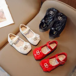 Korean Version of Square Head Sweet Flower Girl Princess Big Red Children Small Shoes 2024 New Single Shoes