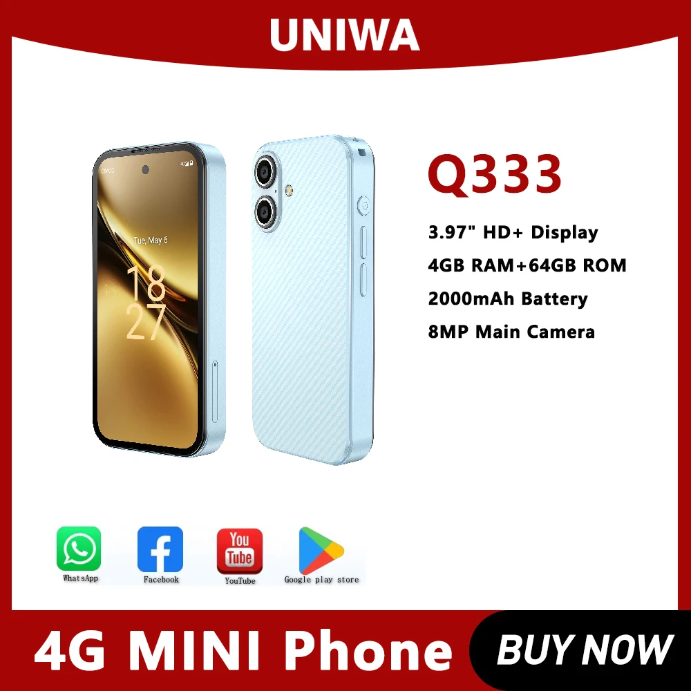 UNIWA 4G Mini Smartphone Q333  3.97inch HD 4GB RAM 64GB ROM Mobile Phones BT5.0 Google Play Store 2000mAh Face ID Small Phone